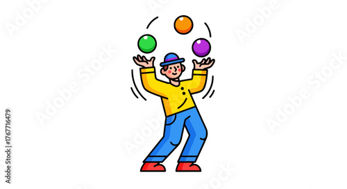 A Cheerful Juggler Entertains By Manipulating Colorful Orbs Against A Dark Backdrop