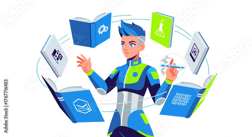 A Futuristic Learner Juggling Books with Icons, A Digital Future and Technology Concept