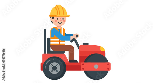 A Construction Worker Operating a Road Roller in a Simplified Vector Illustration