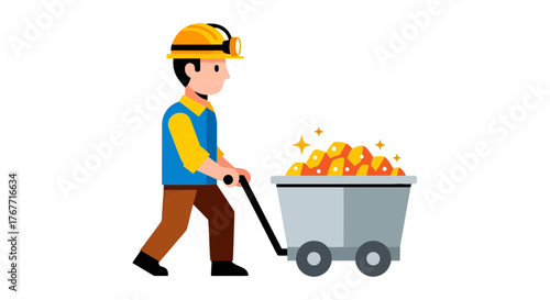 A Miner Pulls A Cart Full of Gold Nuggets from The Mine, Wealth And Success