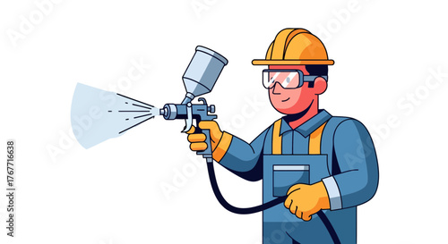 A Construction Worker Painting Using a Spray Gun Depicted in Distinctive Illustration Style