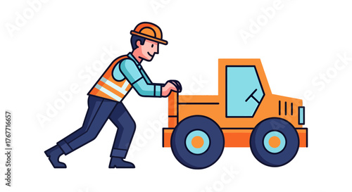 A Construction Worker Pushing A Small Orange Truck With Black Background