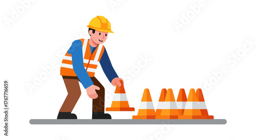 A Construction Worker Placing Road Cones on Black Background for Street Safety