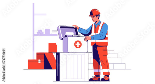 A Construction Worker Retrieves Medical Supplies From A First Aid Kit On Site