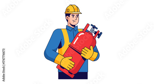 A Construction Worker Safely Carrying A Large Cylinder Of Propane In A Black Background