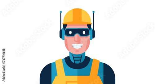 A Constructor Robot Smiling, Digital Vector Illustration on Black Background.