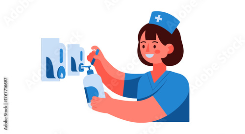 A Nurse Applying Hand Sanitizer Symbolizing Cleanliness And Protection Against Germs