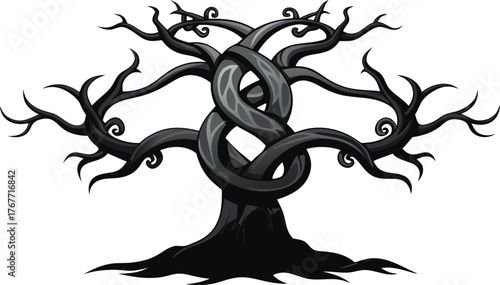 Gnarled twisted tree silhouette with intertwined branches