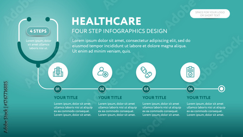 Medical and Healthcare infographics template for business presentation slide - 4 step illustration with icons in flat style - teal green background