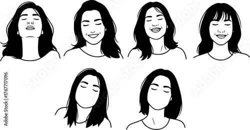 Set of 6, eyes closed, liberating, uninhibited, black and white, faceless, Silhouette, Vector art style, Flat design illustration, clean outline, isolated on white background
