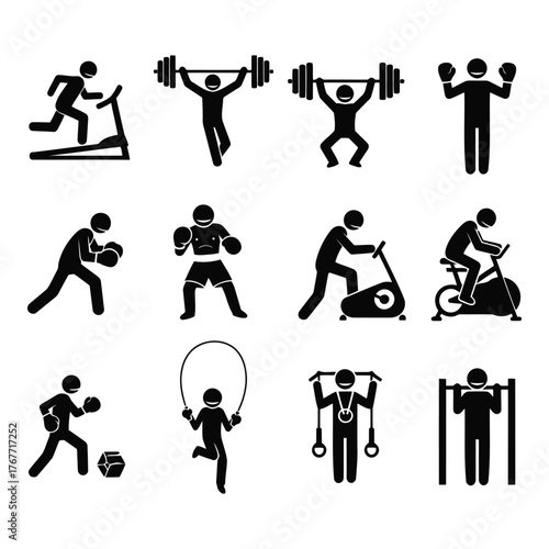 Black and White Pictogram Set Showing Fitness Activities and Exercises