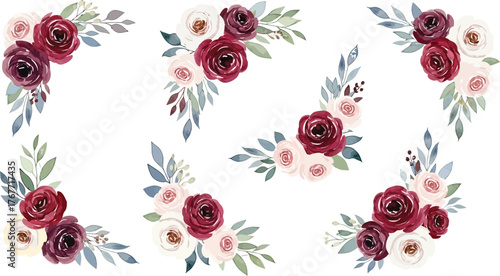 Elegant watercolor floral corner arrangements featuring deep red and blush pink roses and greenery