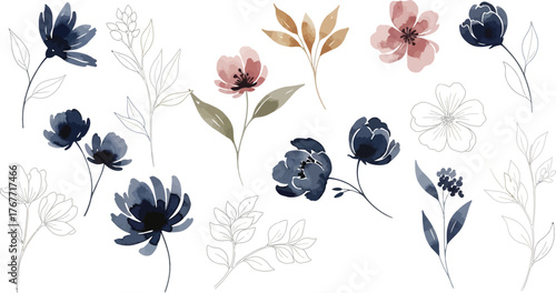 Delicate watercolor floral illustration with dark blue and muted pink blossoms and thin line art details on white background