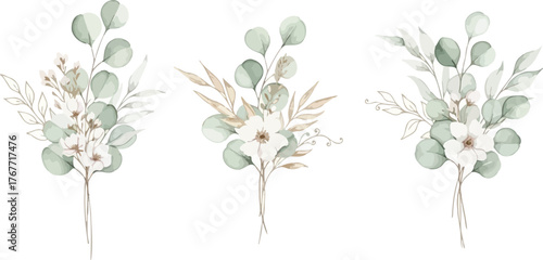 Three delicate watercolor floral arrangements with eucalyptus and small white flowers on a white background