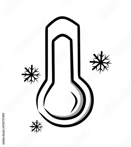 Sketch illustration of a thermometer with snowflakes, showing cold weather or low temperature in simple outline style with minimal shading, perfect for winter themes, forecasts, and health visuals.