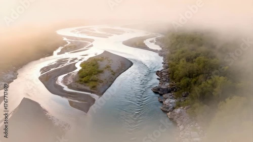 Misty Dawn Over a Winding River Through a Dense Forest in Norway With Soft Golden Light