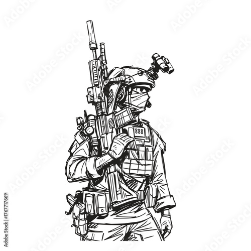 vector illustration in hand drawn style of tactical soldier with suit armor helmet and gun in standing pose