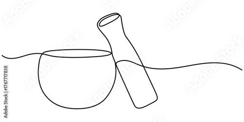 Mortar and Pestle continuous one line drawing minimalism design, Simple illustration of traditional mortar outline art vector illustration. 