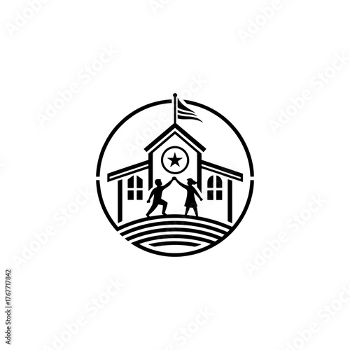 Classic School Building with Flag and Birds