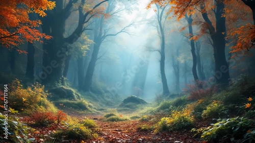 Misty Forest Path Autumn Orange Leaves Golden Sunlight Through Dark Trees Atmospheric Woodland Scene