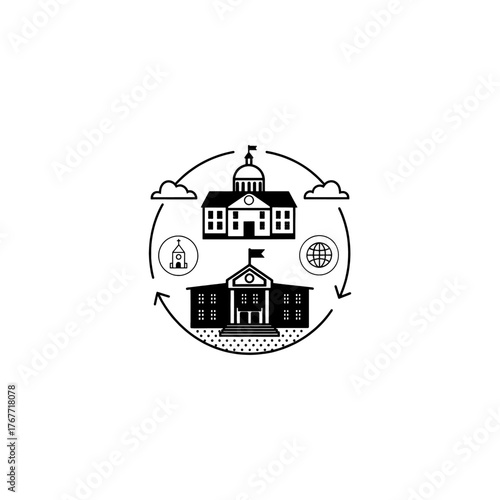 Classic School Building with Flag and Birds