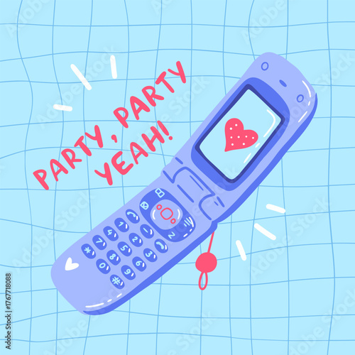 Colorful sticker of old mobile phone in girly kawaii Y2k style.
Korean pop culture illustration. Lettering slogan of party. Hand drawn print for planner, scrapbooking, social media, merch design.