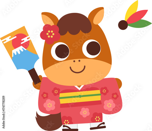 羽根つきをする馬のキャラクター