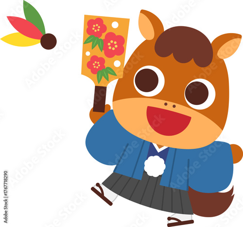 羽根つきをする馬のキャラクター