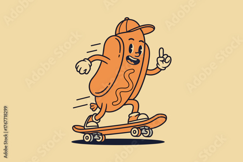 Hot Dog Skateboarder Cartoon Character Illustration.