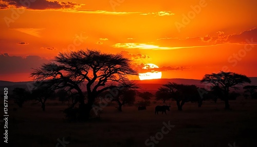 Fototapeta Naklejka Na Ścianę i Meble -  Vibrant African sunset over savanna, acacia trees, wildlife silhouettes,   african wildlife,   serengeti