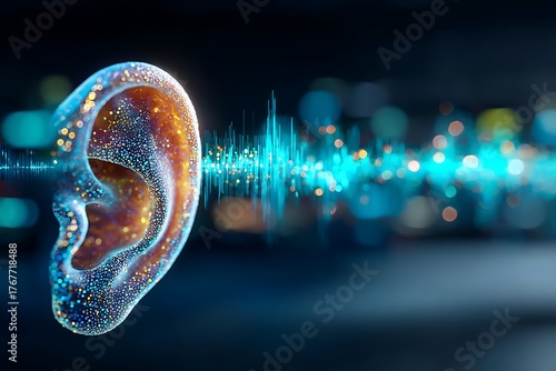 Stylized digital ear with vibrant sound waves, symbolizing hearing loss, audio technology, improved auditory health, and the science of perception.