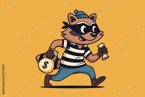 Cartoon Raccoon Thief Running with Stolen Money Bag and Banknote