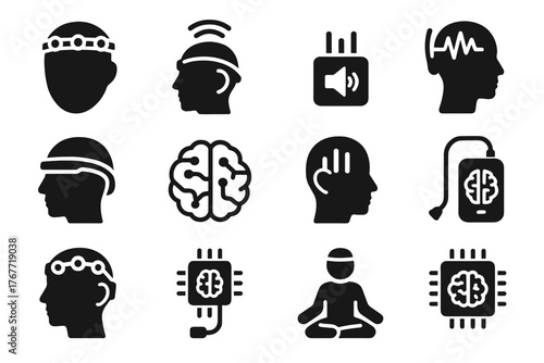 Neural electrode headset eeg ai vector tool icon tech chip controller mind