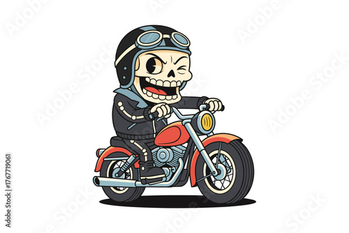 Cartoon Skeleton Biker Riding a Classic Red Motorcycle with Gogg