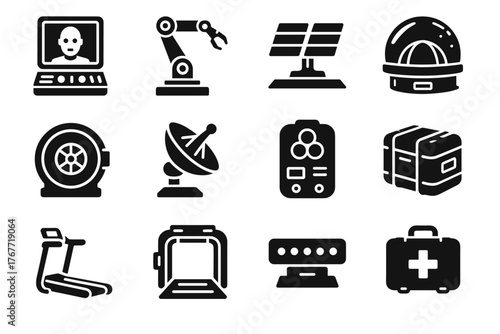 Futuristic space habitat indicators exercise antenna support emergency robotic icon vector life