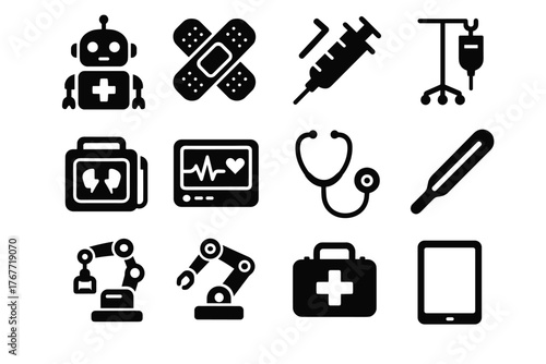 Iv tablet robot thermometer robotic kit paramedic aid vector bandage syringe icons