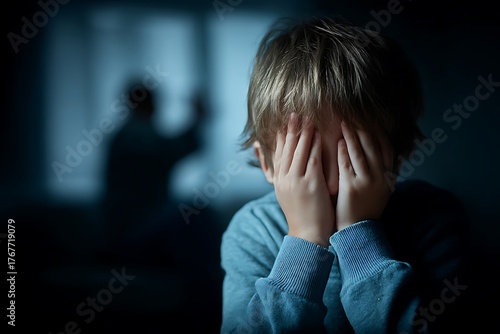 A frightened child covers their face in the dark, with a blurred silhouette of an aggressive adult, symbolizing domestic violence and childhood trauma.