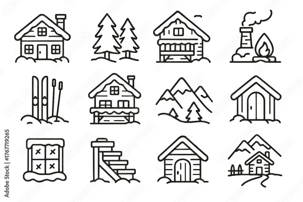 Fototapeta premium Mountain icons ski wooden snow frosted snowy equipment roof icon vector lodge