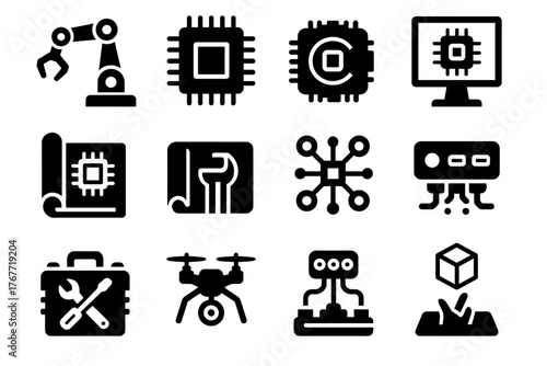 Gripper microchip toolset blueprint assembly holographic ai vector icon control monitor robotic