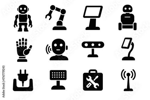 Vector antenna assistant icons robot base array communication service icon interface tablet