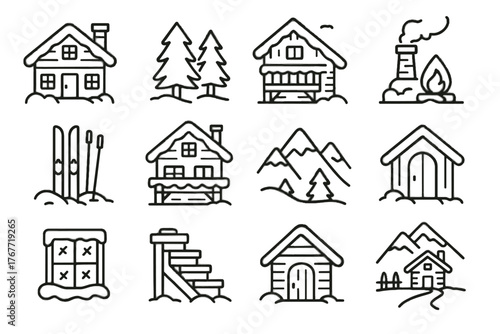 Mountain icons ski wooden snow frosted snowy equipment roof icon vector lodge