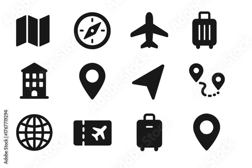 Gps travel icons navigation itinerary suitcase vector plane pin icon hotel location