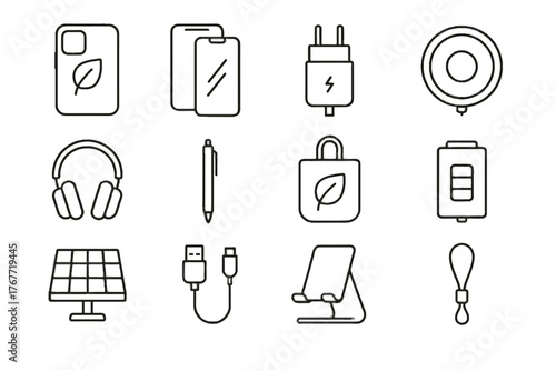 Solar vector icon headphones panel screen bag phone stylus icons pad accessory