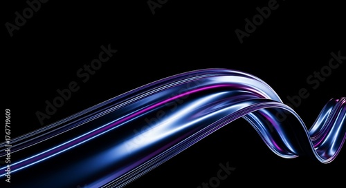 Abstract Flowing Neon Light Streaks on a Highly Reflective Dark Chrome Wavy Surface.