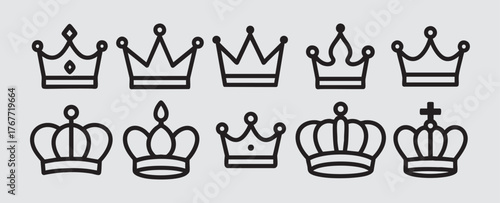 Royal Crown Outline Vector Collection – Elegant Black Line Icons of King and Queen Crowns in Minimal Design