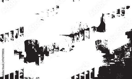 Abstract black and white graphic pattern with geometric shapes and textured elements