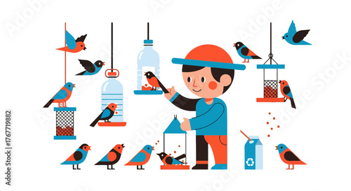A Person Feeds Various Birds in A Creative And Colorful Vector Illustration