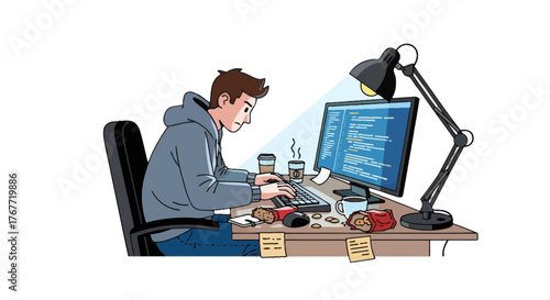 A Programmer Focused on Code and Caffeine, Illuminated by a Desk Lamp during Night Hours