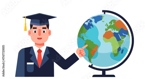 A Person In Cap And Gown Is Presenting Earth Globe To Illustrate World Education