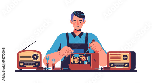 A Skilled Technician Repairing Vintage Radios, Restoring Technological Artifacts and Radios